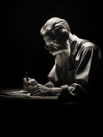 Portrait of a senior man writing a letter. Black and white.の素材