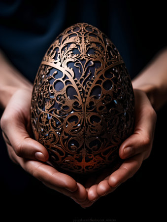 Easter egg in the hands of a girl on a black backgroundの素材