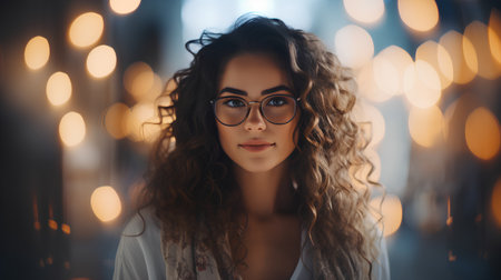 Portrait of a beautiful young woman with long curly hair wearing glasses.の素材