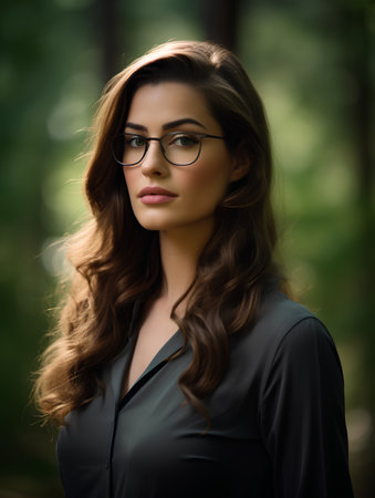 portrait of a beautiful girl in glasses on a background of green treesの素材