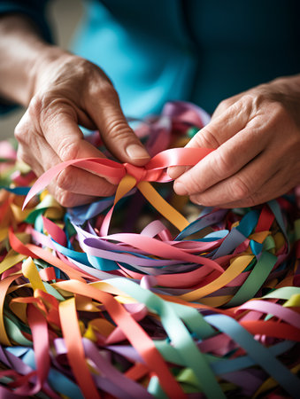 Elderly woman hands holding colorful rubber bands, close-upの素材