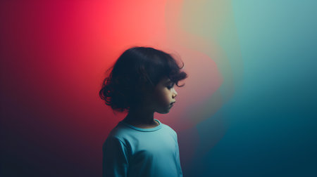 Little girl with long curly hair and blue t-shirt on gradient backgroundの素材