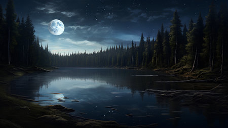 Fantasy landscape with lake and forest at night. 3D renderingの素材