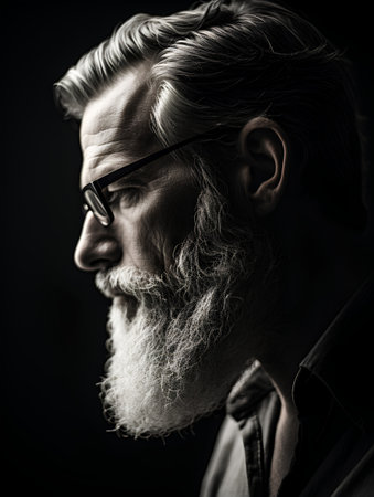 Portrait of a handsome senior man with long gray beard and mustache wearing glasses. Black and white.の素材