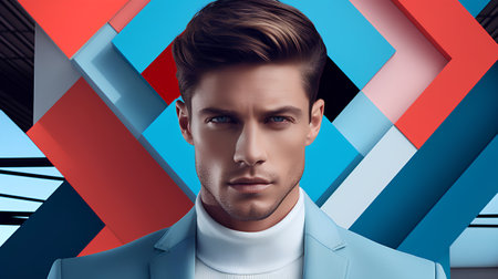 Fashionable young man in a blue jacket on a background of geometric shapes.の素材