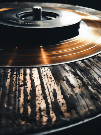 Vinyl record player on black background. Close up view. Retro style.の素材