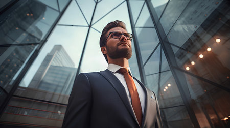 Handsome young businessman in suit and glasses is looking away and smiling while standing near business centerの素材