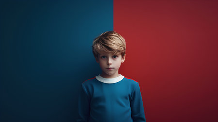Little boy in blue sweater looking at empty space on blue and red backgroundの素材