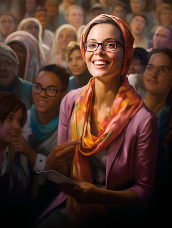 Portrait of a smiling businesswoman with glasses standing in front of a group of peopleの素材