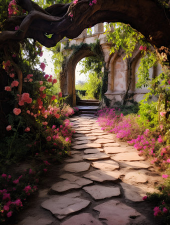 Stone path in the garden with blooming flowers and archway.の素材