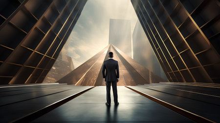 Businessman standing in front of the entrance to a futuristic city. 3D renderingの素材