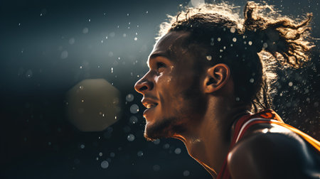 Side view portrait of a sporty young man running under rain.の素材