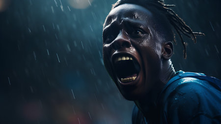 Portrait of a screaming african american man under rain.の素材