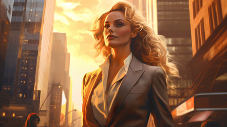 Beautiful business woman in the city at sunset. 3d renderingの素材