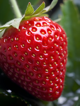 Strawberry fruit close-up on a green background. Macroの素材