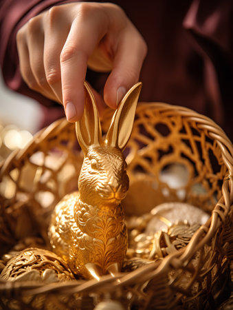 Easter bunny and golden eggs. Selective focus. Holiday.の素材