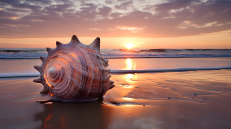 Beautiful sea shell on the beach at sunset. Nature composition.の素材