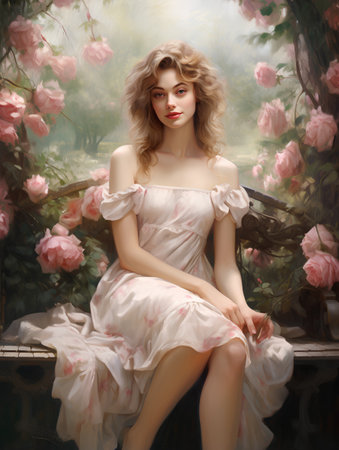 Portrait of beautiful young woman sitting on a bench in the gardenの素材