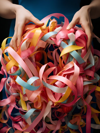 Woman holding colorful ribbons on dark background, close up view.の素材