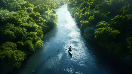 Aerial view of a man kayaking on the river in summerの素材