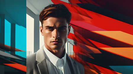 Portrait of a handsome young man in a white shirt on a background of a colorful geometric pattern. Men's beauty, fashion.の素材