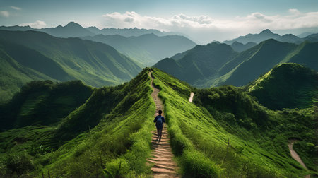 Mountain landscape with a man walking along the path to the top.の素材