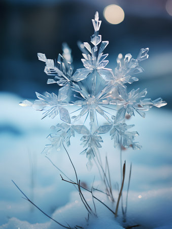 Beautiful snowflakes on a background of the winter landscape.の素材