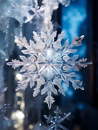Beautiful snowflake on a background of blue bokeh lightsの素材