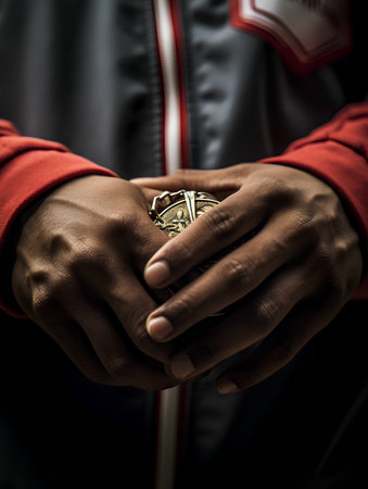 Close up of a man's hands holding a gold coin. Black background.の素材