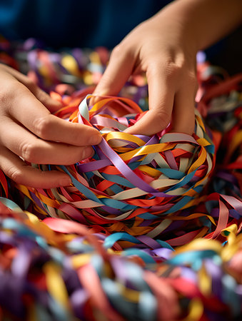 Close up of female hands holding multicolored streamers on colorful backgroundの素材