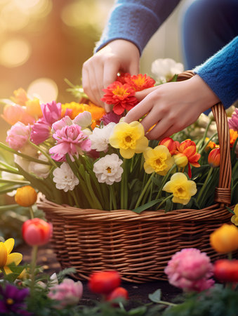 Female hands holding a basket with tulips and daffodilsの素材