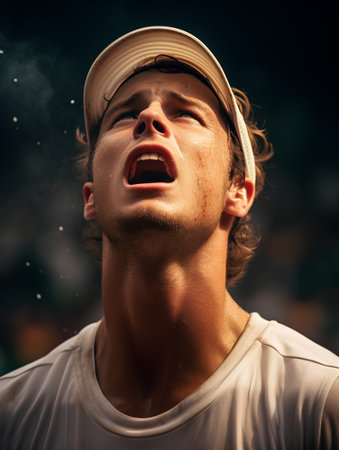 Portrait of a young tennis player screaming in the rain outdoors.の素材