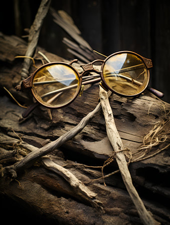 Vintage eyeglasses on old wooden background, filtered image.の素材