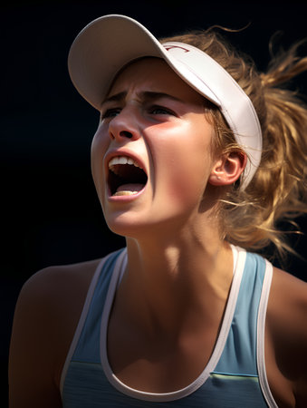 Portrait of a beautiful young woman in a baseball cap on a dark backgroundの素材