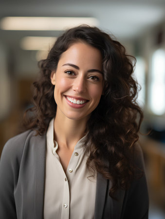 Portrait of a young businesswoman smiling at the camera in the officeの素材