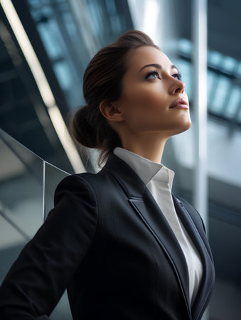 portrait of a young businesswoman in a business center, looking upの素材