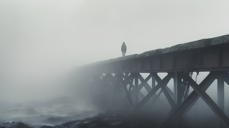 Man standing on the bridge in a foggy day,3d renderの素材