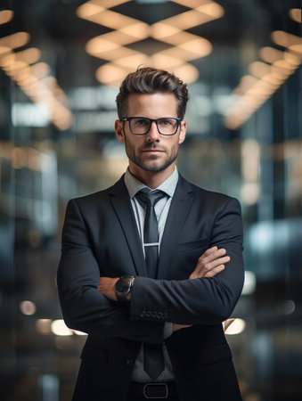 Portrait of a handsome young businessman in a suit and glasses standing in an office building.の素材