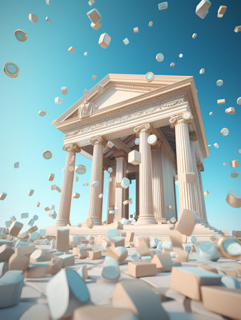 3d render of greek temple with falling stones on blue backgroundの素材