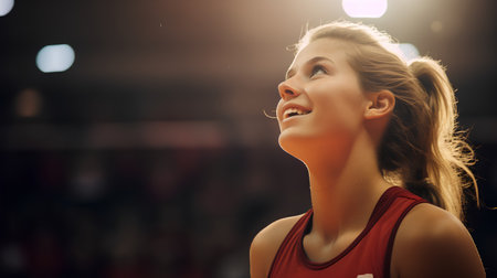 Portrait of a beautiful young woman in sportswear looking upの素材