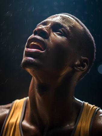 Portrait of young african american man under rain on black backgroundの素材