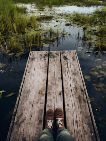 Selfie of feet in boots on a wooden pier over a lakeの素材