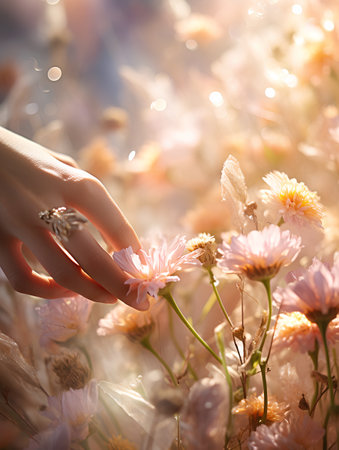 Beautiful female hands with pink manicure on the background of a field of flowersの素材