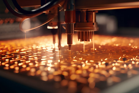 3D printer printing a gold metal sheet. 3D printing.の素材