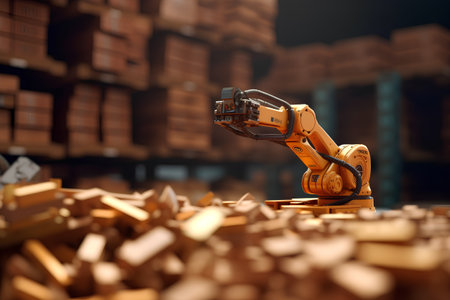 Industrial robot arm working in warehouse. 3D rendering and illustration.の素材