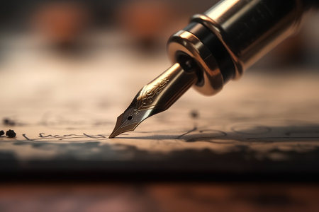 Fountain pen on an old map. Shallow depth of field.の素材
