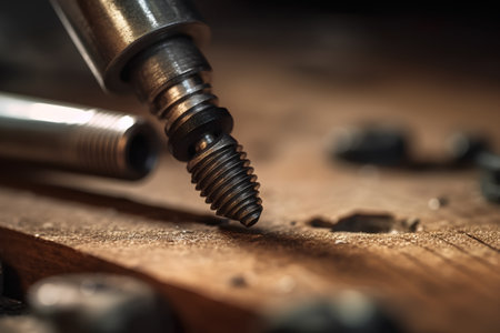 Close up shot of a car spark plug on a wooden table.の素材