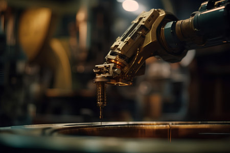 Industrial robot working in a factory, close-up shot.の素材