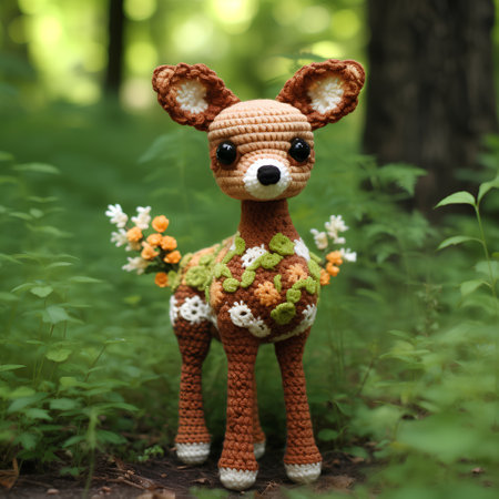 Handmade knitted toy deer with flowers in the forest on a green backgroundの素材