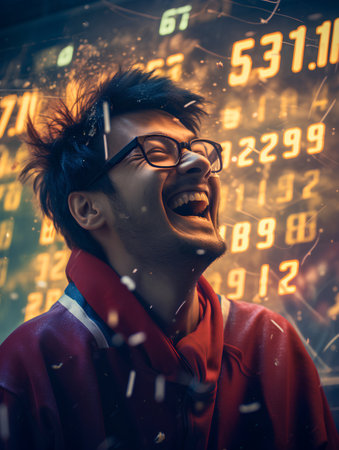 Falling numbers. Excited young man in red hoodie and glasses looking at the falling numbersの素材